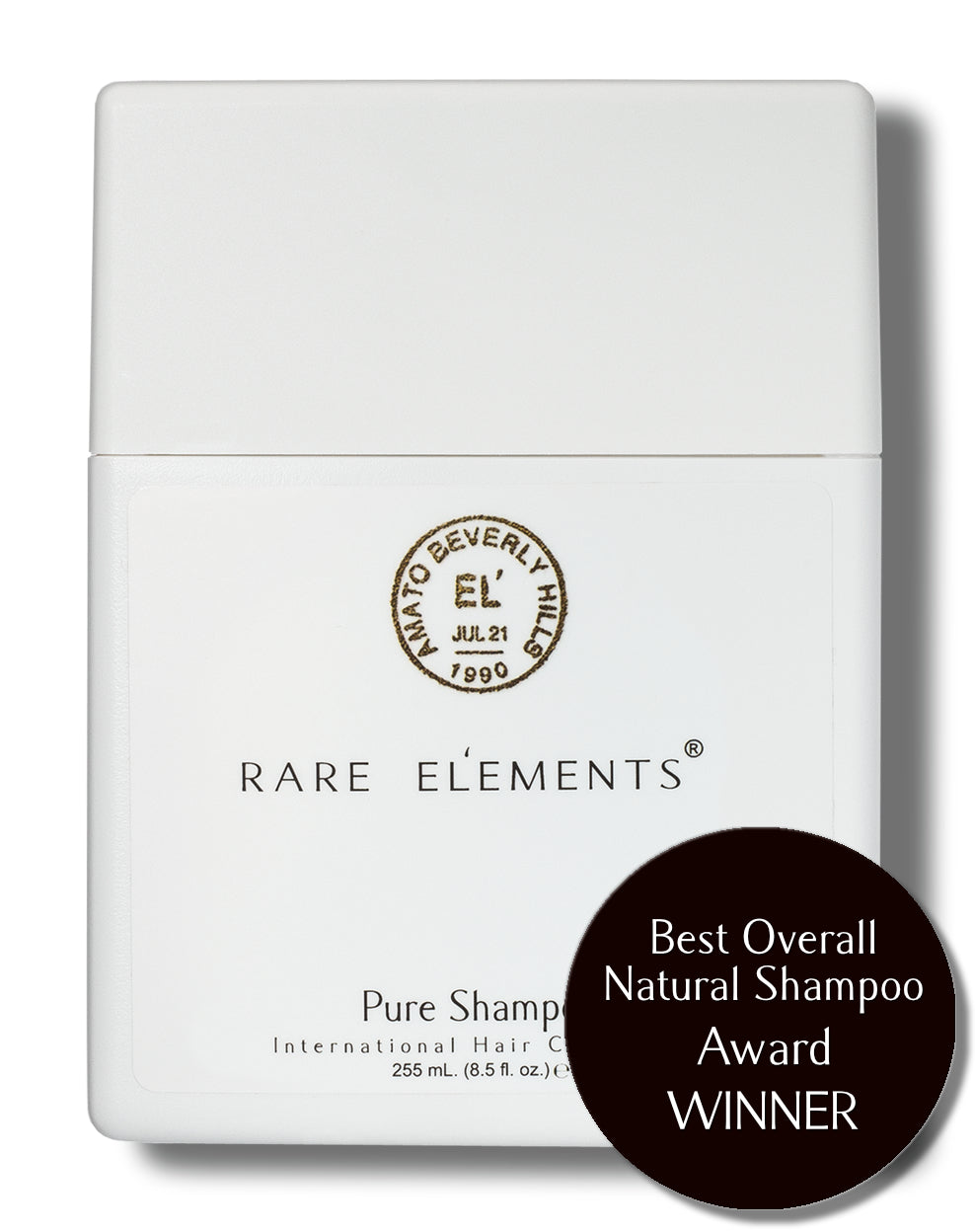 A packaged shampoo product labeled 'Rare Elements Pure Shampoo' with an award badge stating 'Best Overall Natural Shampoo'Winner'.