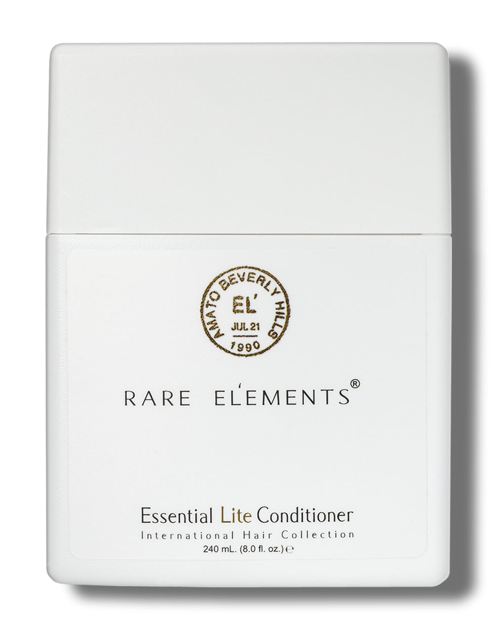 A white rectangular package of Rare Elements Essential Lite Daily Nourishing Conditioner with product details and branding.