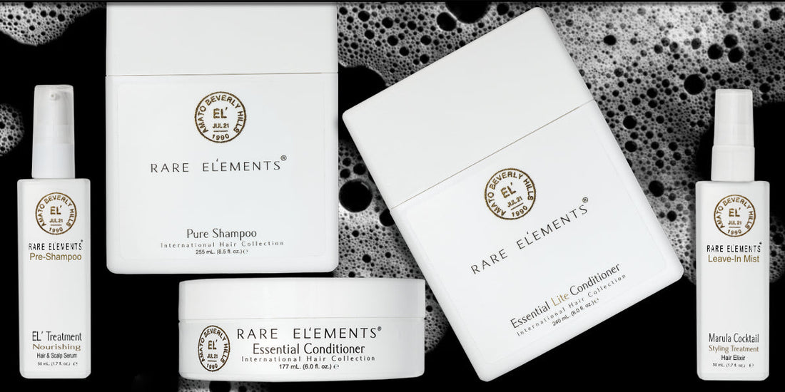 Image of Rare Elements Hair Care on black background with suds.