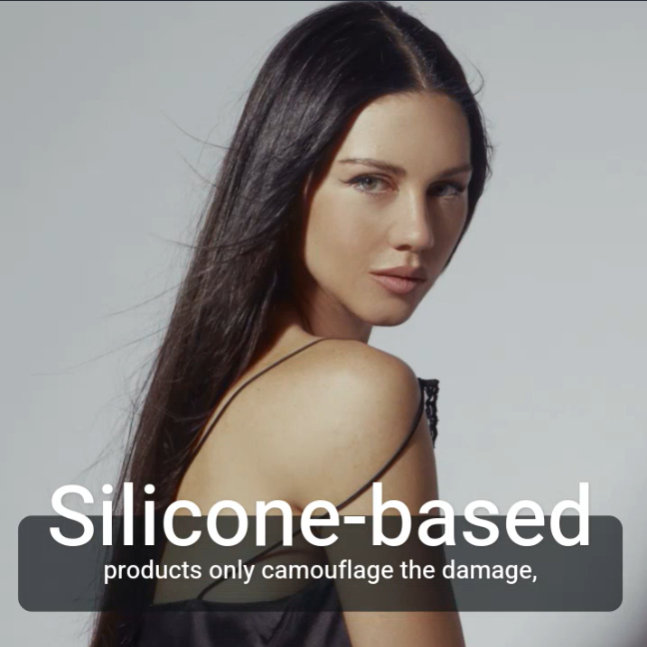 Beautiful girl with healthy hair with text that says Silicone based products only camouflage the damage.