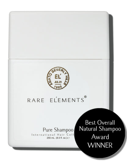 White container of Rare Elements Pure Shampoo with brand logo and award winning sticker for best overall natural shampoo.