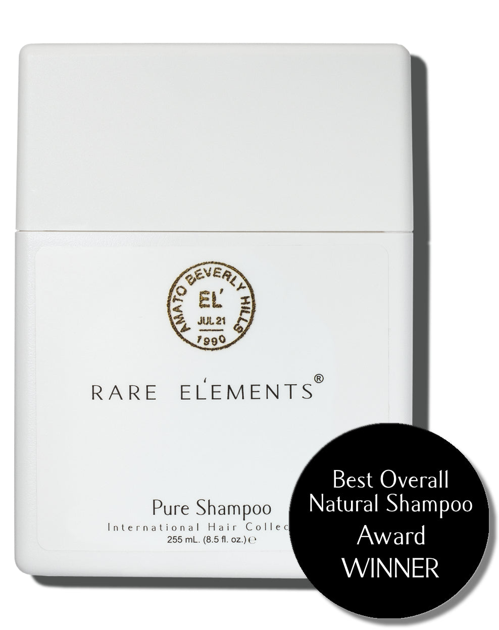 White container of Rare Elements Pure Shampoo with brand logo and award winning sticker for best overall natural shampoo.