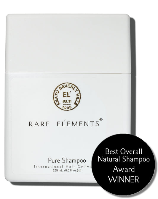 White container of Rare Elements Pure Shampoo with brand logo and award winning sticker for best overall natural shampoo.