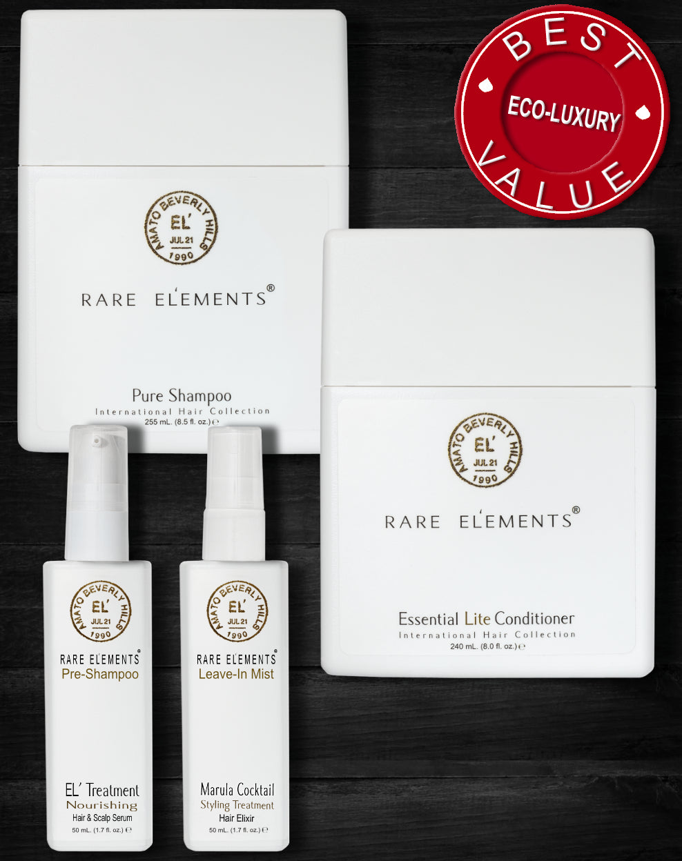 Rare Elements bundle collection for normal and fine hair. Includes a picture of 4 products, the El Treatment hair and scalp serum, Pure shampoo, Essential Lite conditioner,  and the Marula Cocktail leave in styling aid, which is  discounted when purchasing this bundle. 