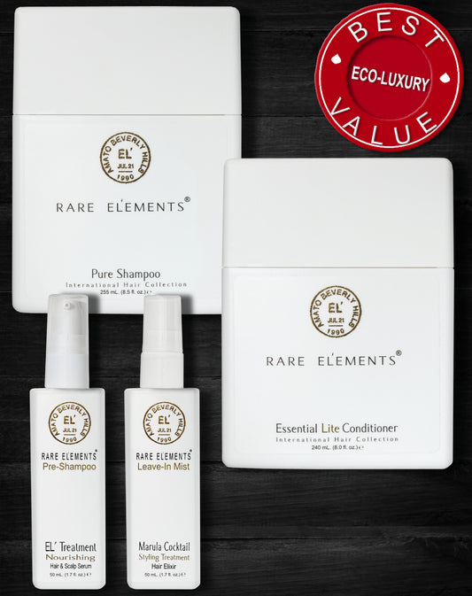 Rare Elements bundle collection for normal and fine hair. Includes a picture of 4 products, the El Treatment hair and scalp serum, Pure shampoo, Essential Lite conditioner,  and the Marula Cocktail leave in styling aid, which is  discounted when purchasing this bundle. 