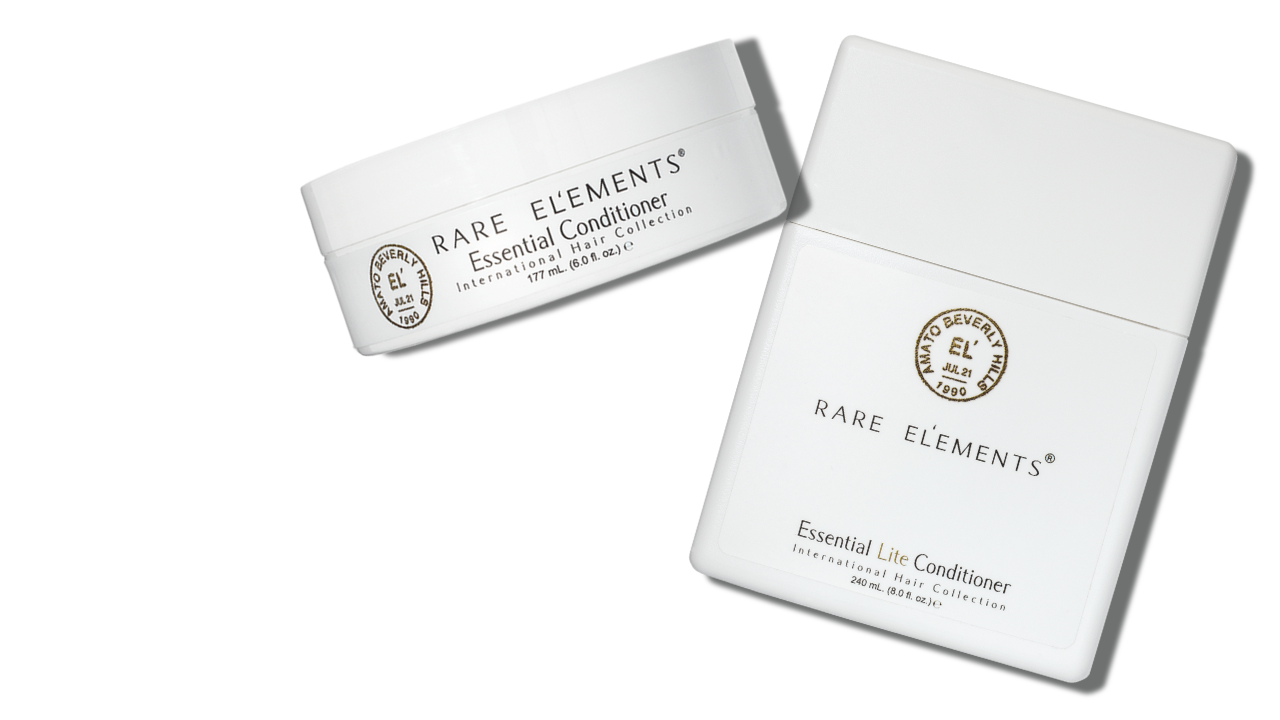 White packaging of Rare Elements hair collection Essential ConditionerS on a white background
