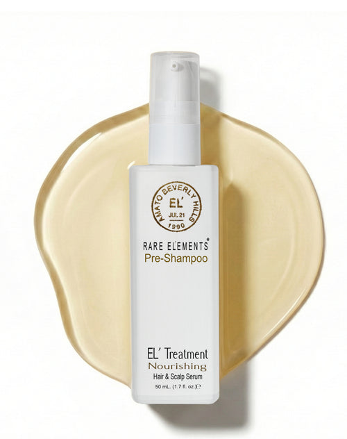White bottle of EL Treatment Nourishing Hair & Scalp Serum on a beige circular background