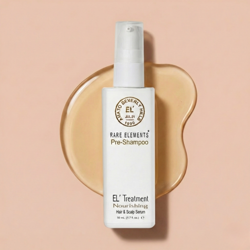 EL' Treatment Nourishing Hair & Scalp Serum bottle on a beige background