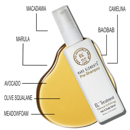 A luxury hair treatment in a white glass bottle with a treatment pump labeled El Treatment Nourishing Hair and Scalp Serum. It displays the exotic ingredients on  each side of the bottle on a white background.
