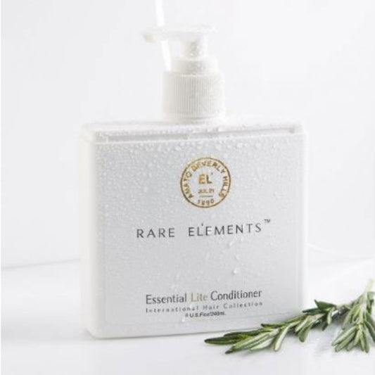 Rare Elements Essential Lite Conditioner bottle and packaging on a white background and a rosemary sprig.