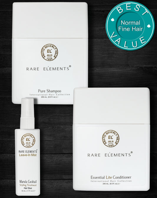 Picture of Rare Elements Normal and Thick Hair Bundle Collection which includes the Pure Shampoo,  Essential Lite Conditioner and Leave In light mist Styling aid. It displays a Best Value sticker indicating that when purchases as a bundle you will receive an additional savings.