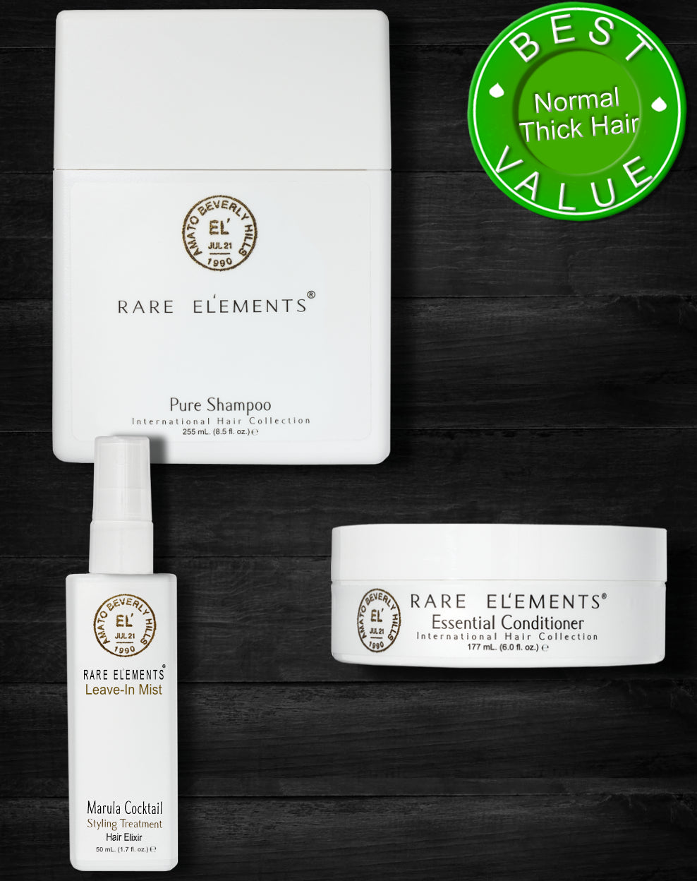 Picture of Rare Elements Normal and Thick Hair Bundle Collection which includes the Pure Shampoo,  Essential Daily Masque and Leave In conditioning Styling aid. It displays a Best Value sticker indicating that when purchases as a bundle you will receive an additional savings.