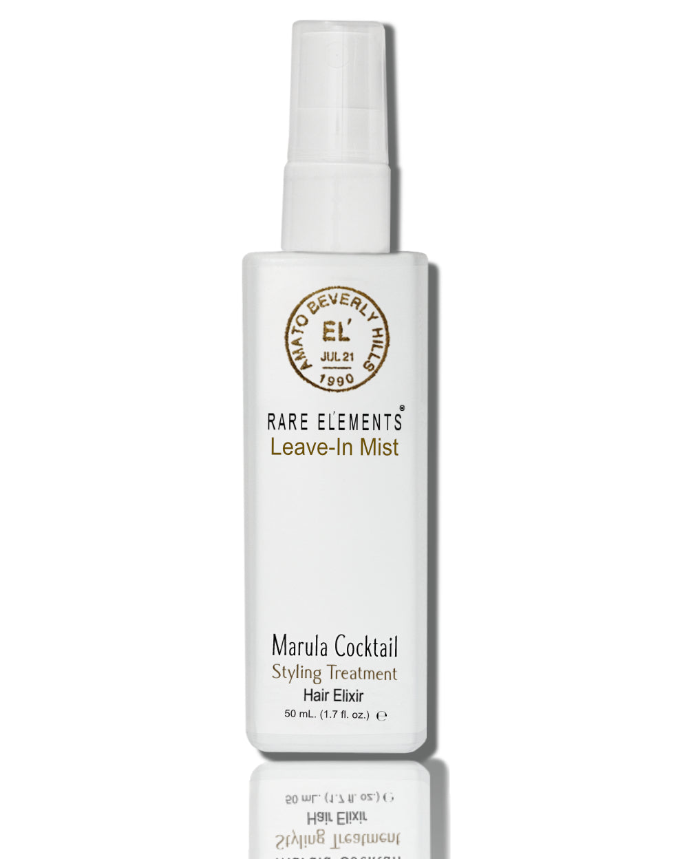 White bottle of Rare Elements Leave-In Mist on a white background