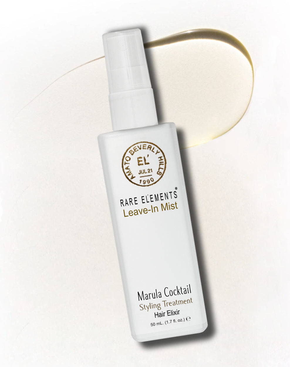 White bottle of 'Rare Elements' hair elixir on a light background