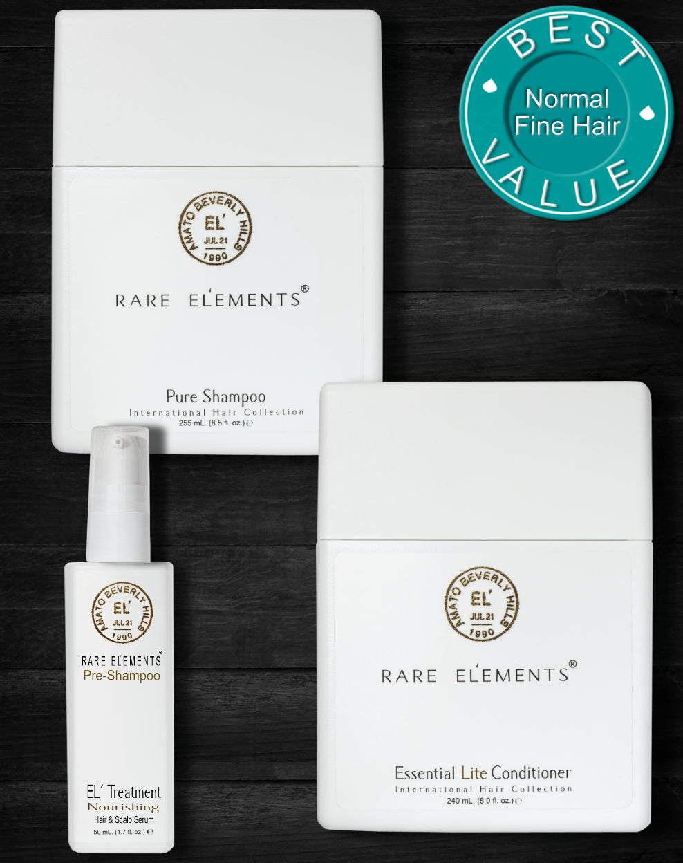 Image of the El Treatments Pre-Shampoo deep conditioning hair and scalp treatment, Pure Shampoo, and the Essential Lite Conditioner. It displays a Best Value sticker which indicates that when you purchase this bundle you receive a discount.
