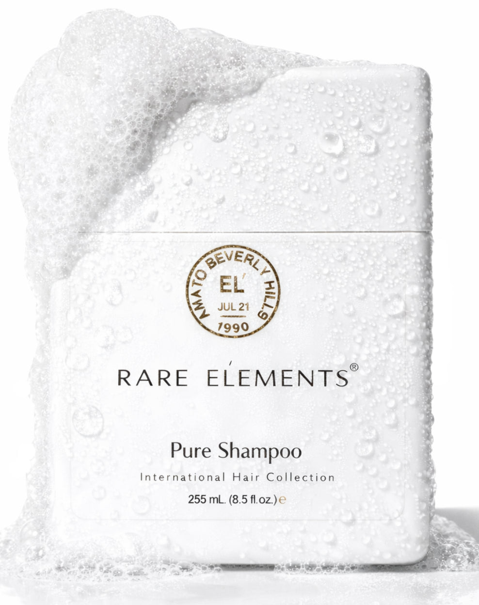 White shampoo bottle with 'Rare Elements' branding on a white background
