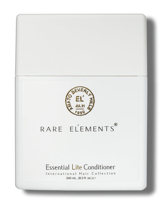 A white rectangular package of Rare Elements Essential Lite Daily Nourishing Conditioner with product details and branding.
